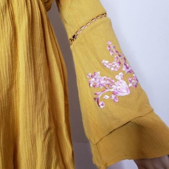 Miami Yellow Long Sleeve Wrap Romper Embroidered Bell Sleeves & Keyhole Back XXS - Picture 7 of 10